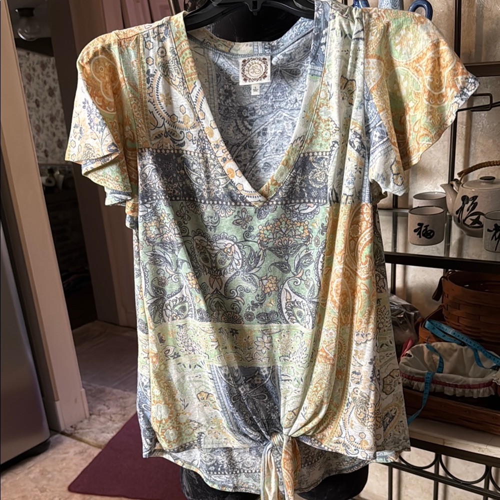 Bohemian Patchwork V-Neck Tie-Front Top